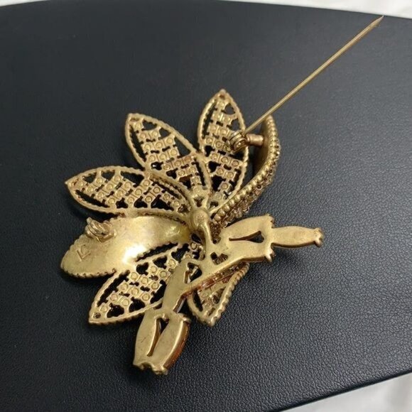 Liz Claiborne Vintage Crystal Flower Brooch - Gold/Amber/Diamanté, 3”x 2.5” - Picture 7 of 7